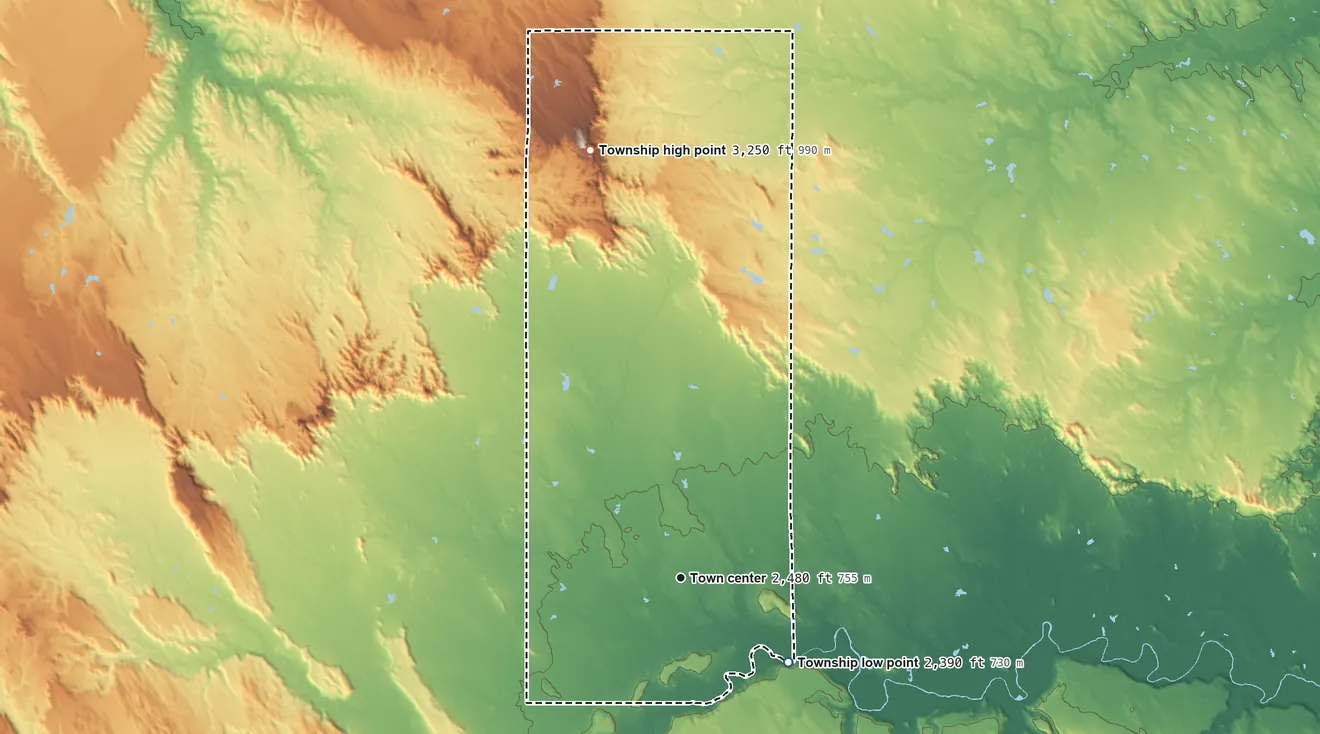 Topographic elevation map of Conata Township, South Dakota, shaded from 2,390 ft on the southeast side to 3,250 ft on the north side