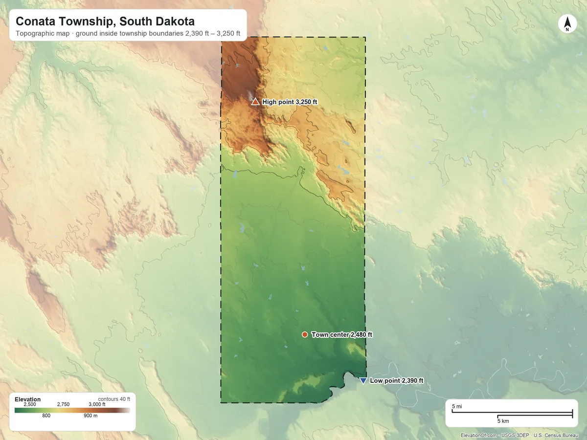 Topographic elevation map of Conata Township, South Dakota, shaded from 2,390 ft on the southeast side to 3,250 ft on the north side