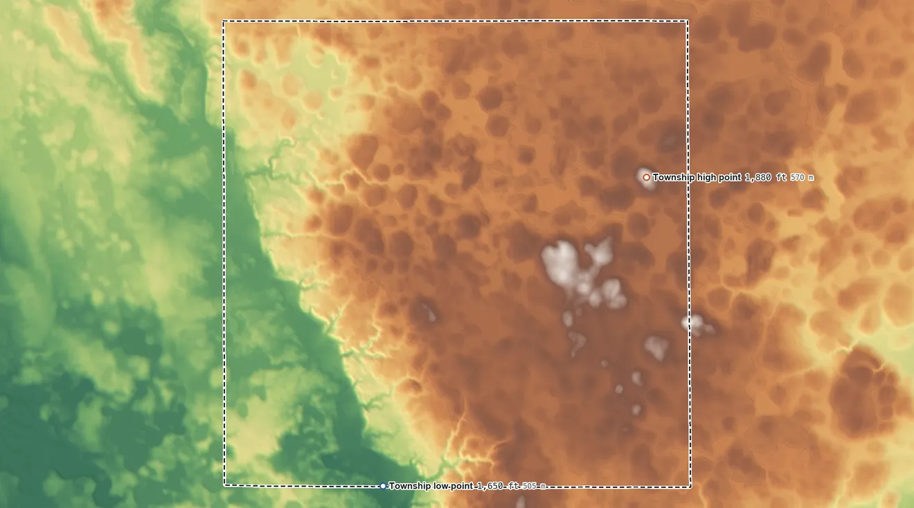 Topographic elevation map of Concord Township, South Dakota, shaded from 1,650 ft on the south side to 1,880 ft on the northeast side