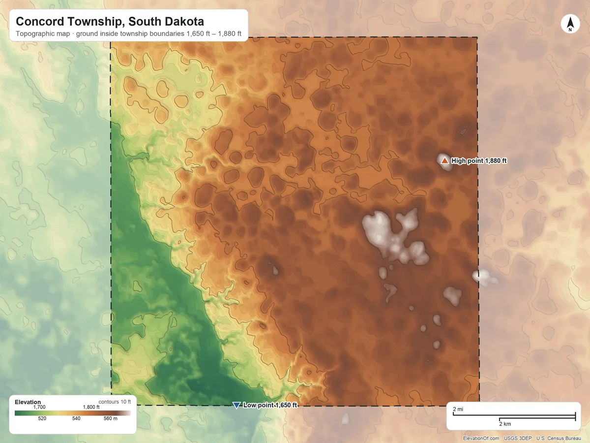 Topographic elevation map of Concord Township, South Dakota, shaded from 1,650 ft on the south side to 1,880 ft on the northeast side
