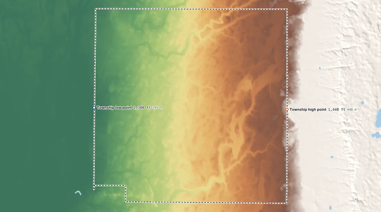 Topographic elevation map of Conde Township, South Dakota, shaded from 1,300 ft on the northwest side to 1,440 ft on the east side