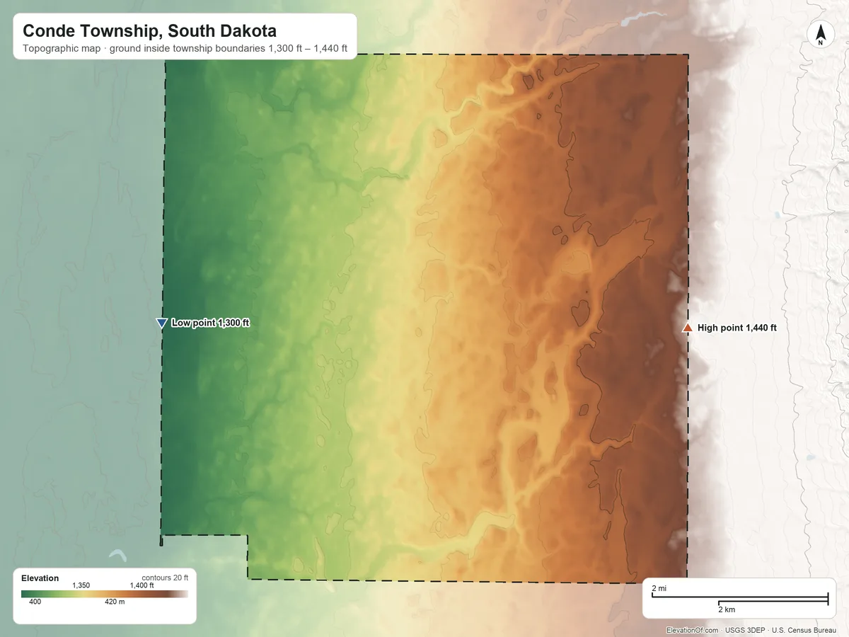 Topographic elevation map of Conde Township, South Dakota, shaded from 1,300 ft on the northwest side to 1,440 ft on the east side