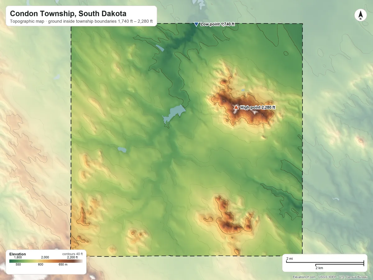 Topographic elevation map of Condon Township, South Dakota, shaded from 1,740 ft on the northwest side to 2,280 ft near the middle