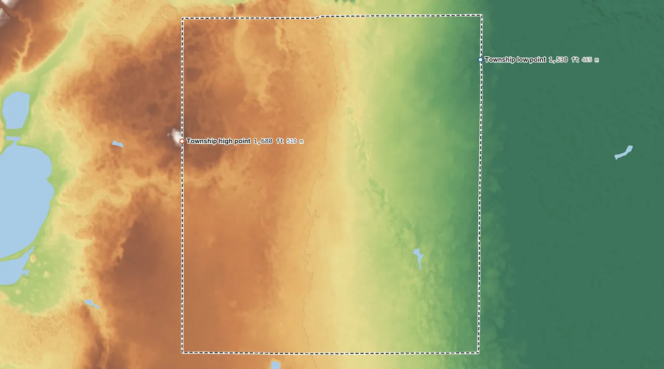 Topographic elevation map of Cooper Township, South Dakota, shaded from 1,530 ft on the northeast side to 1,680 ft on the north edge, below higher ground just outside