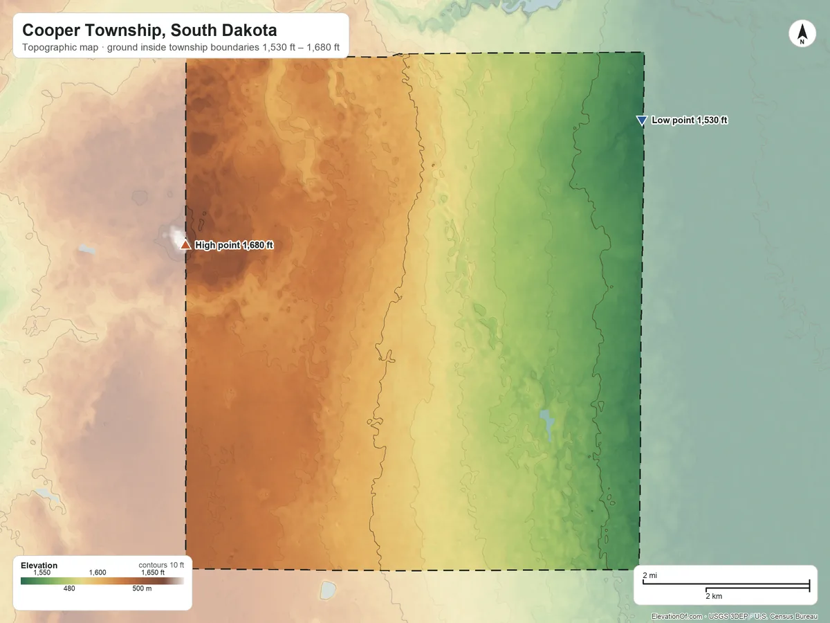 Topographic elevation map of Cooper Township, South Dakota, shaded from 1,530 ft on the northeast side to 1,680 ft on the north edge, below higher ground just outside