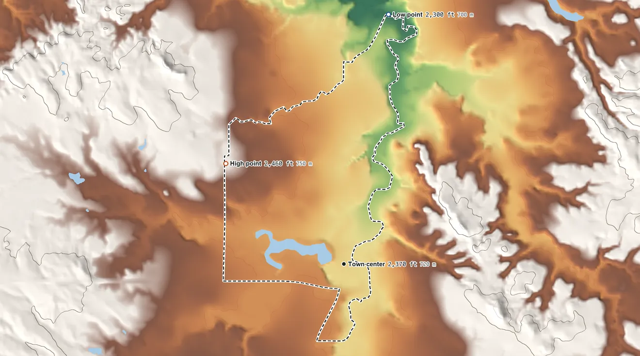Topographic elevation map of Corn Creek, South Dakota, shaded from 2,300 ft on the north side to 2,460 ft on the northwest side