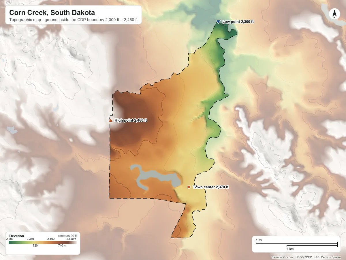 Topographic elevation map of Corn Creek, South Dakota, shaded from 2,300 ft on the north side to 2,460 ft on the northwest side
