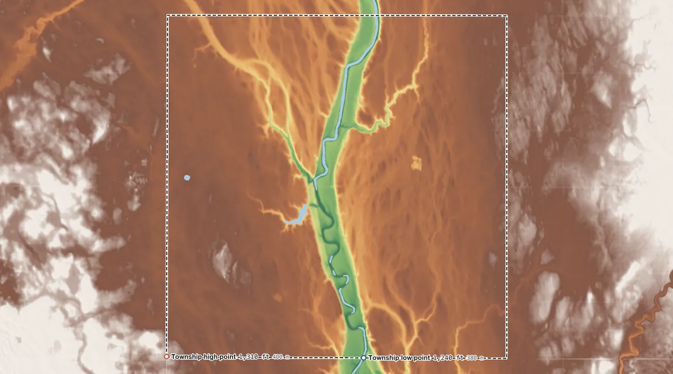 Topographic elevation map of Cornwall Township, South Dakota, shaded from 1,240 ft on the southeast side to 1,310 ft on the southwest side