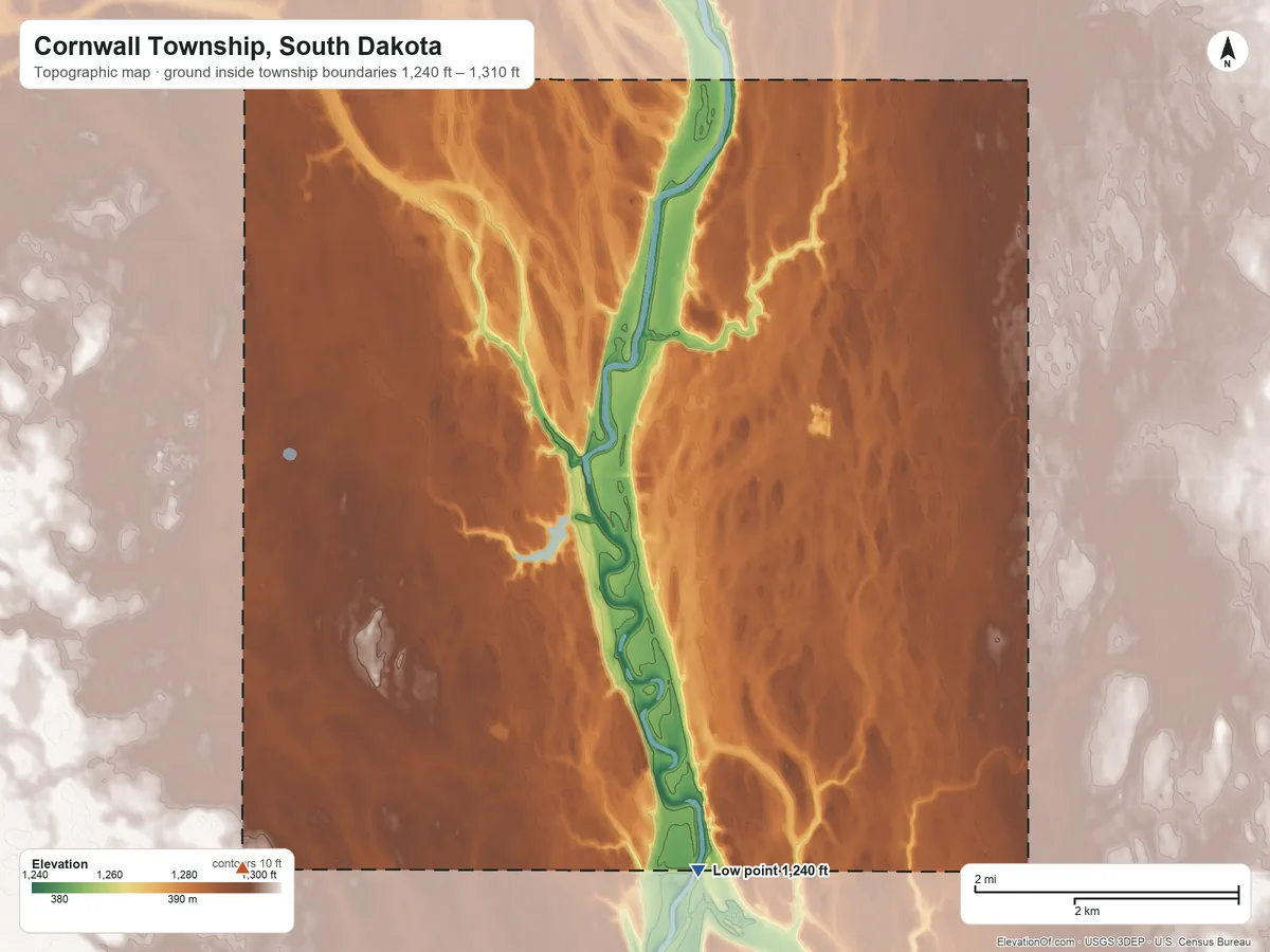 Topographic elevation map of Cornwall Township, South Dakota, shaded from 1,240 ft on the southeast side to 1,310 ft on the southwest side