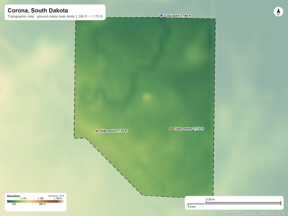 Topographic elevation map of Corona, South Dakota, shaded from 1,160 ft on the north side to 1,170 ft on the west side
