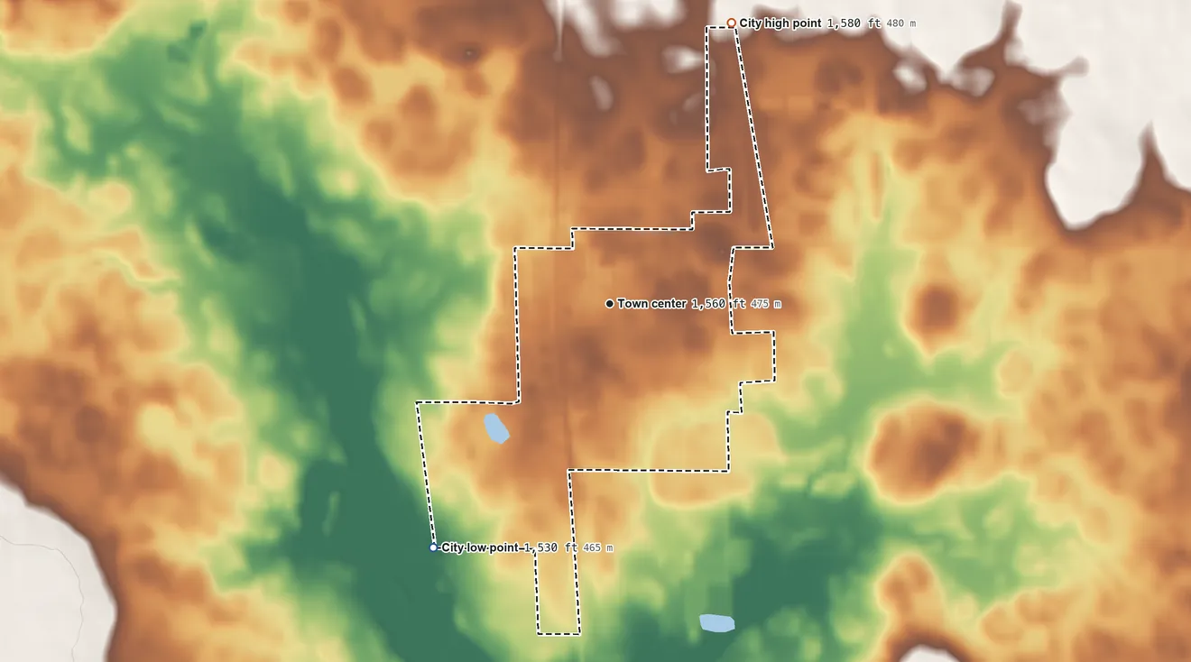 Topographic elevation map of Corsica, South Dakota, shaded from 1,530 ft on the southwest side to 1,580 ft on the northeast side