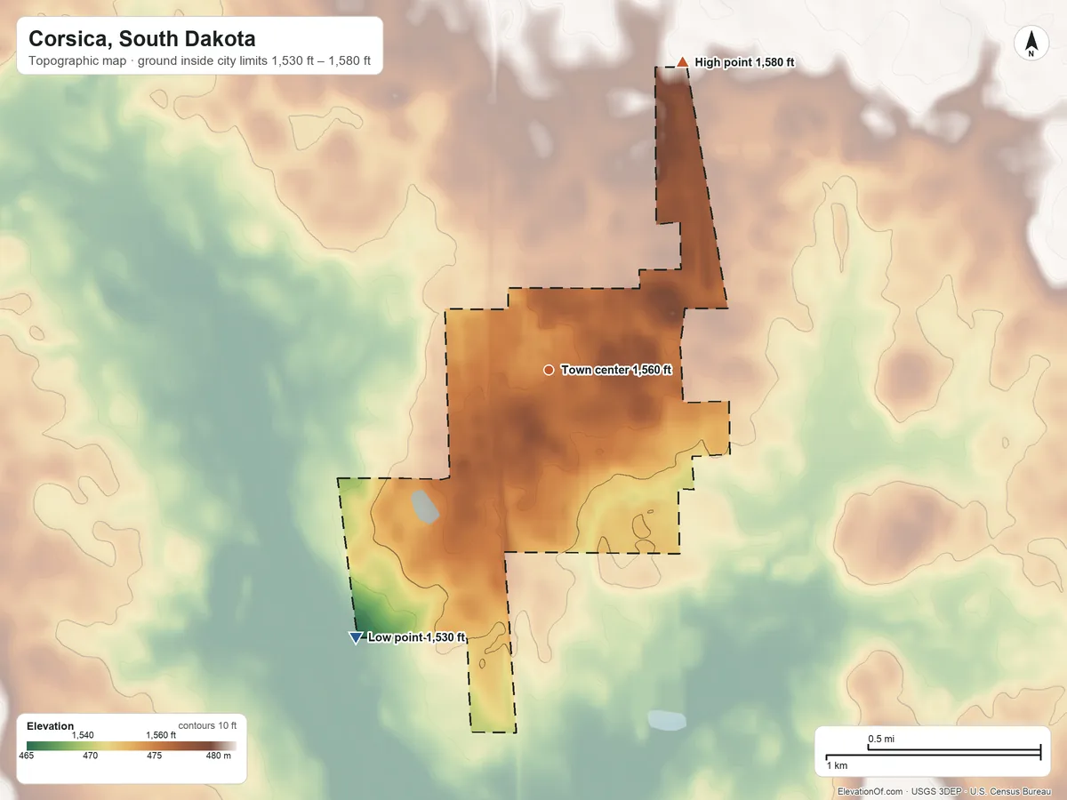Topographic elevation map of Corsica, South Dakota, shaded from 1,530 ft on the southwest side to 1,580 ft on the northeast side