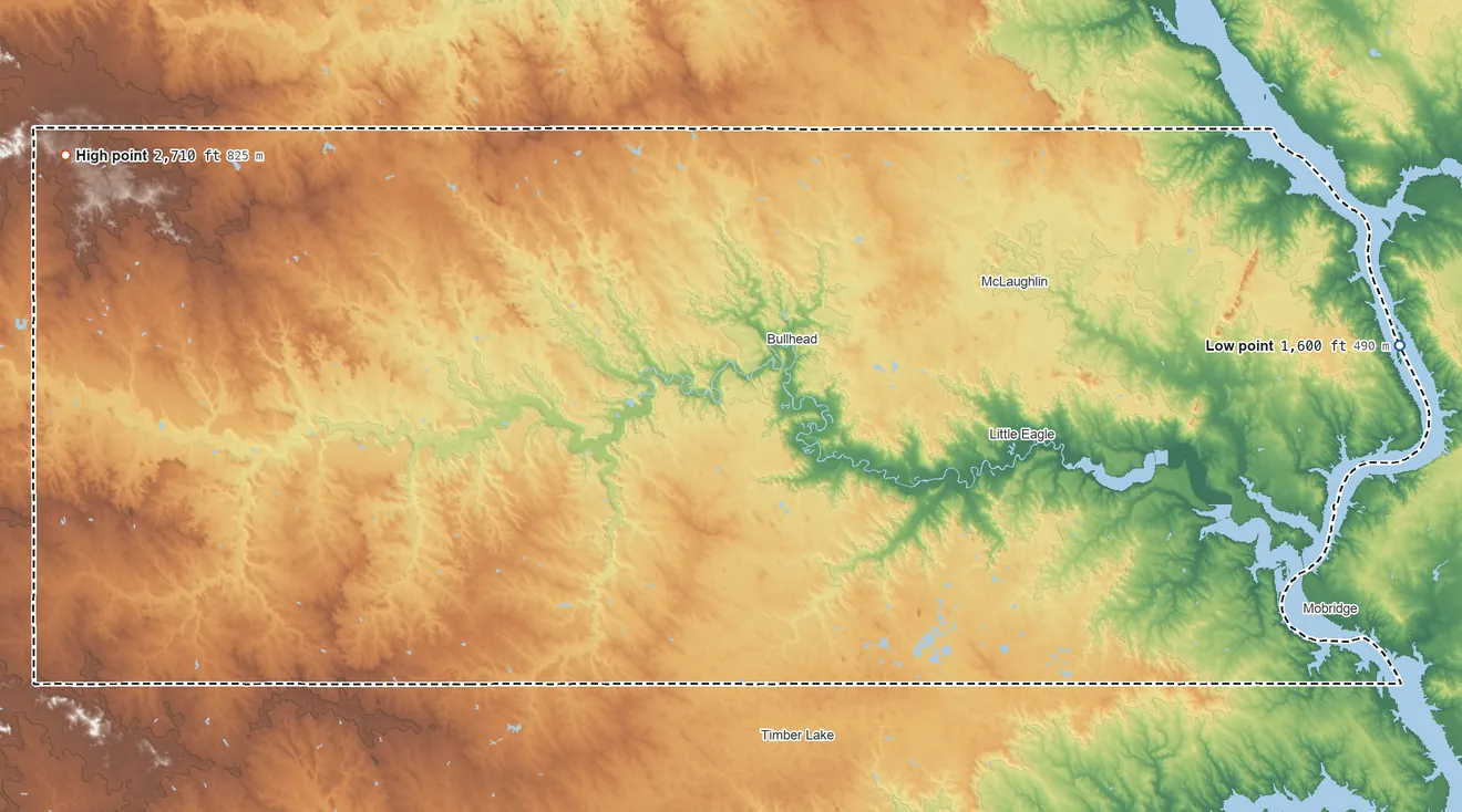 Topographic elevation map of Corson County, South Dakota, shaded from 1,600 ft on the east side to 2,710 ft on Thunder Hawk Butte