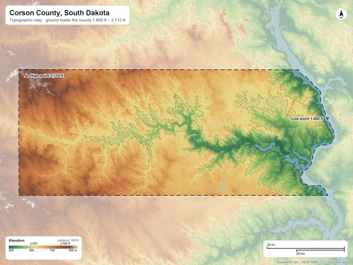 Topographic elevation map of Corson County, South Dakota, shaded from 1,600 ft on the east side to 2,710 ft on Thunder Hawk Butte