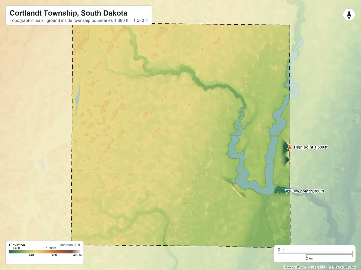 Topographic elevation map of Cortlandt Township, South Dakota, shaded from 1,380 ft on the southeast side to 1,580 ft near the middle