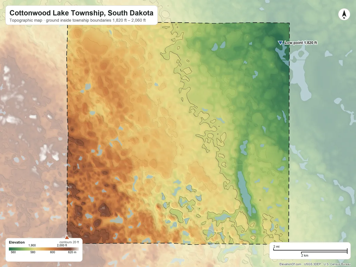 Topographic elevation map of Cottonwood Lake Township, South Dakota, shaded from 1,820 ft on the northeast side to 2,060 ft on the southwest side