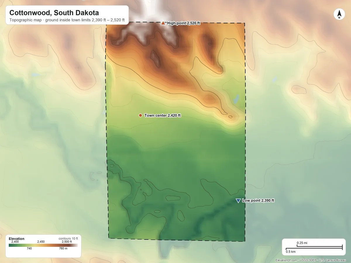 Topographic elevation map of Cottonwood, South Dakota, shaded from 2,390 ft on the southeast side to 2,520 ft on the north side