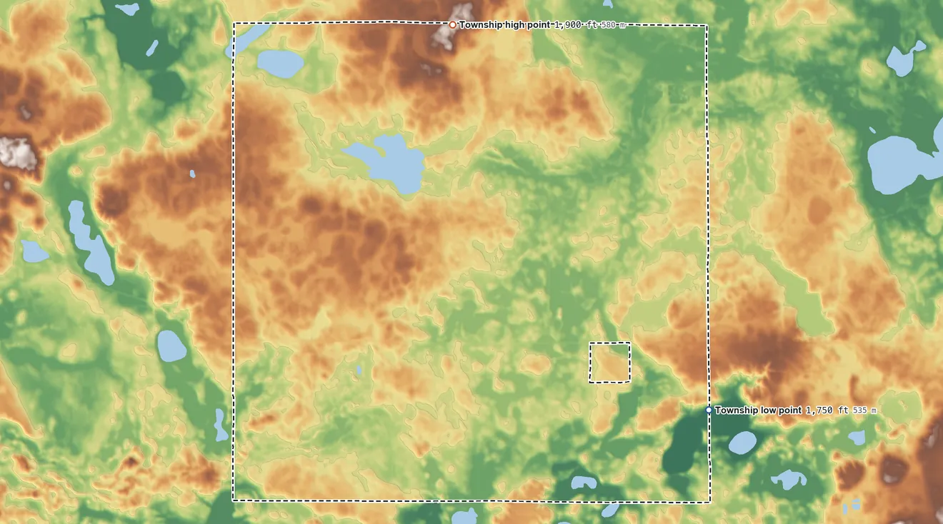 Topographic elevation map of Cottonwood Township, South Dakota, shaded from 1,750 ft on the southeast side to 1,900 ft on the north side