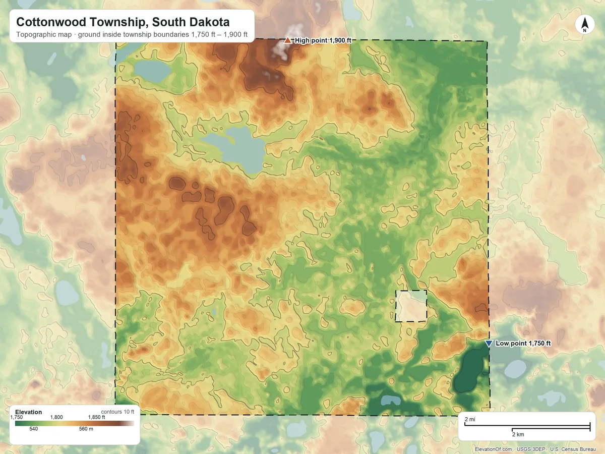 Topographic elevation map of Cottonwood Township, South Dakota, shaded from 1,750 ft on the southeast side to 1,900 ft on the north side