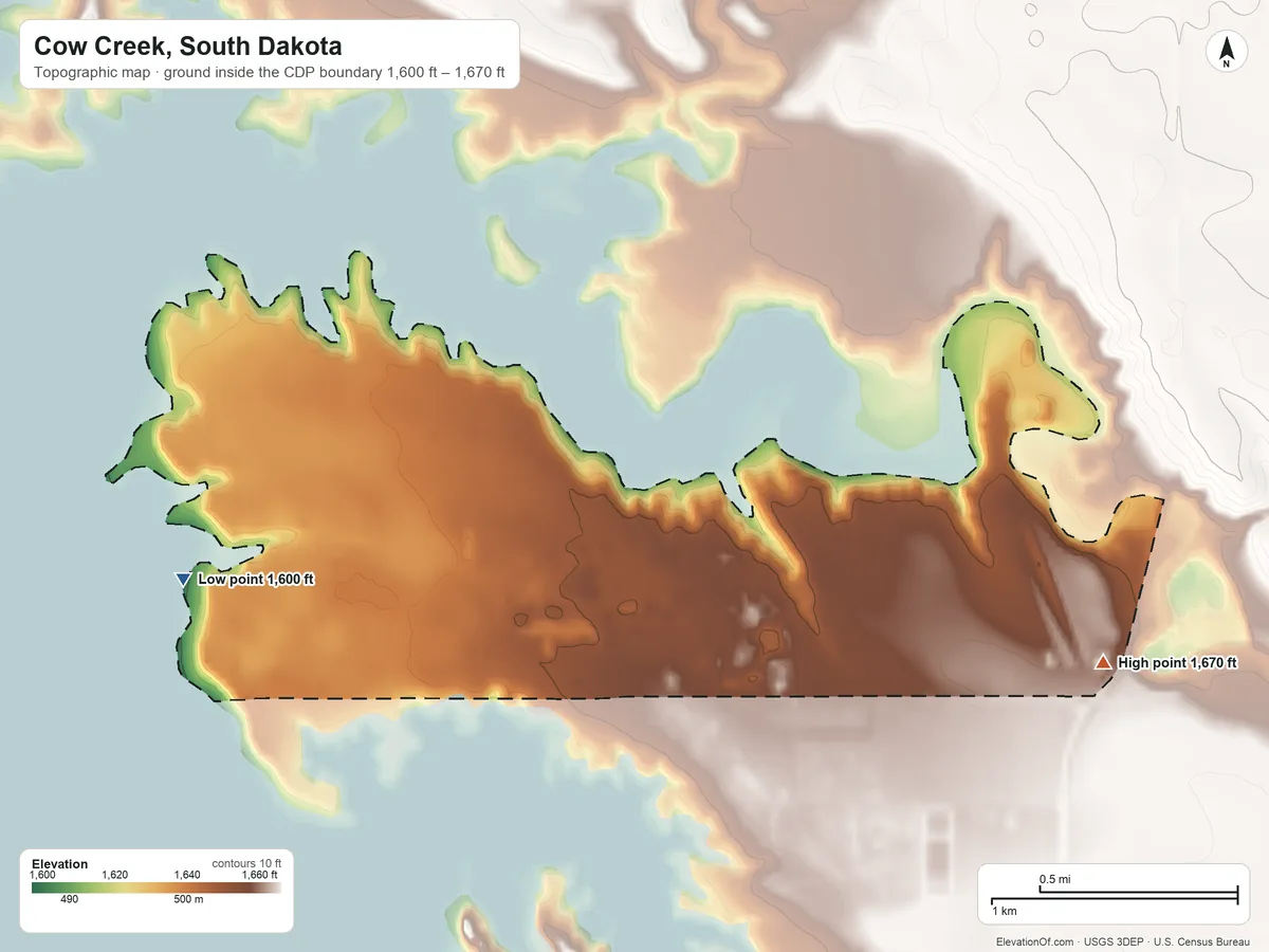 Topographic elevation map of Cow Creek, South Dakota, shaded from 1,600 ft on the west side to 1,670 ft on the east side