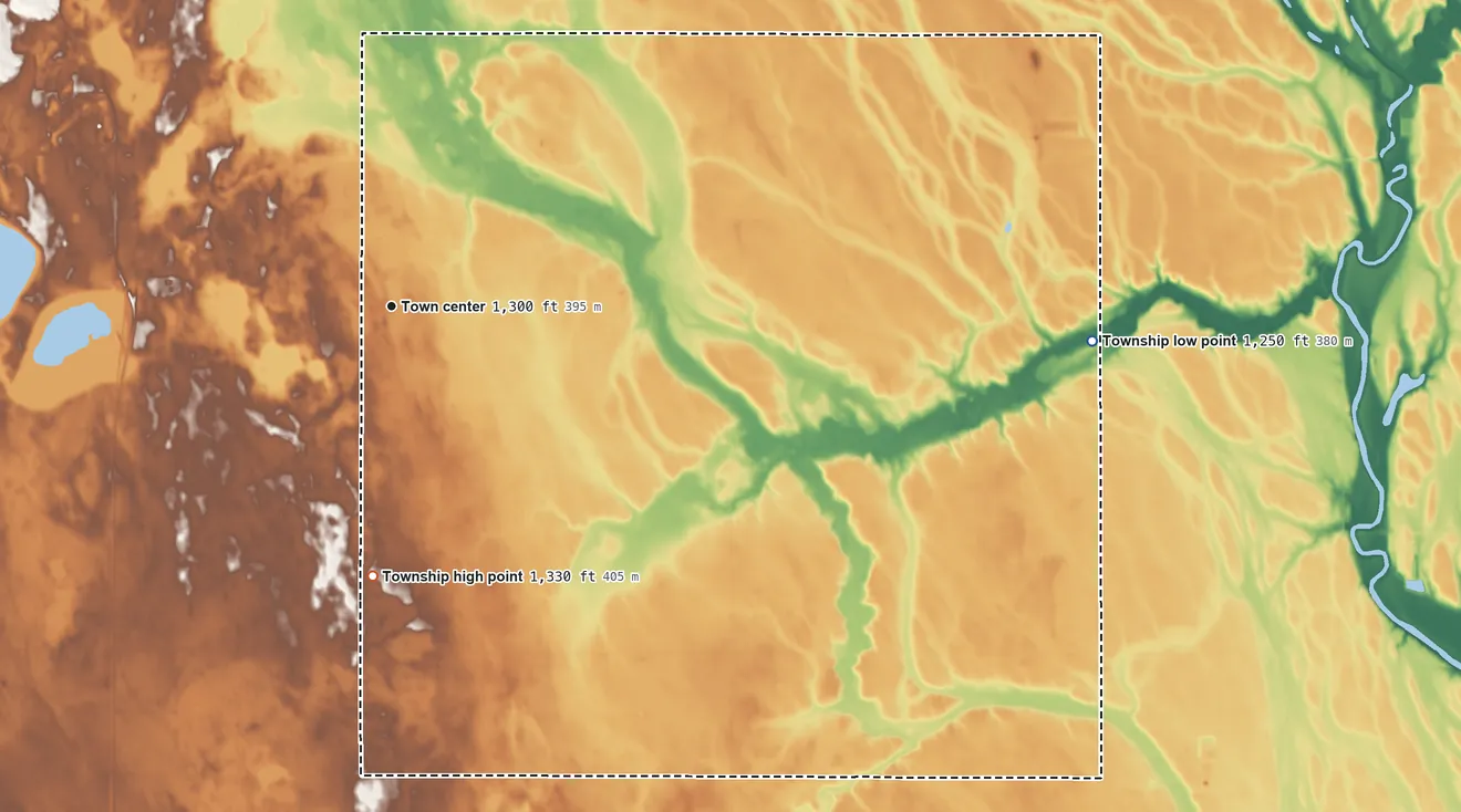 Topographic elevation map of Crandon Township, South Dakota, shaded from 1,250 ft on the east side to 1,330 ft on the south side