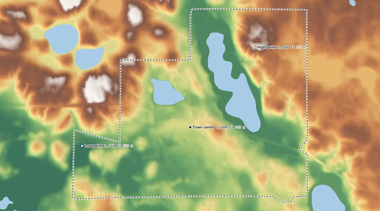 Topographic elevation map of Crocker, South Dakota, shaded from 1,760 ft on the west side to 1,880 ft on the northeast side