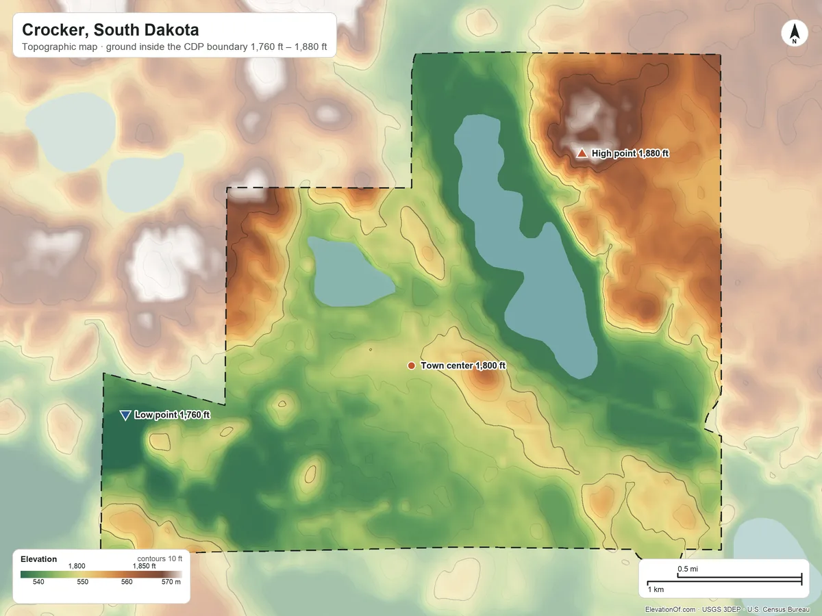 Topographic elevation map of Crocker, South Dakota, shaded from 1,760 ft on the west side to 1,880 ft on the northeast side