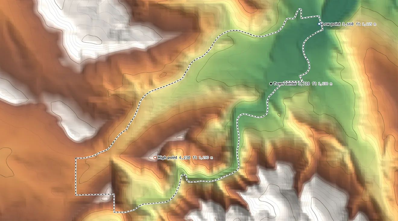 Topographic elevation map of Crook City, South Dakota, shaded from 3,660 ft on the northeast side to 4,230 ft at the foot of the Black Hills