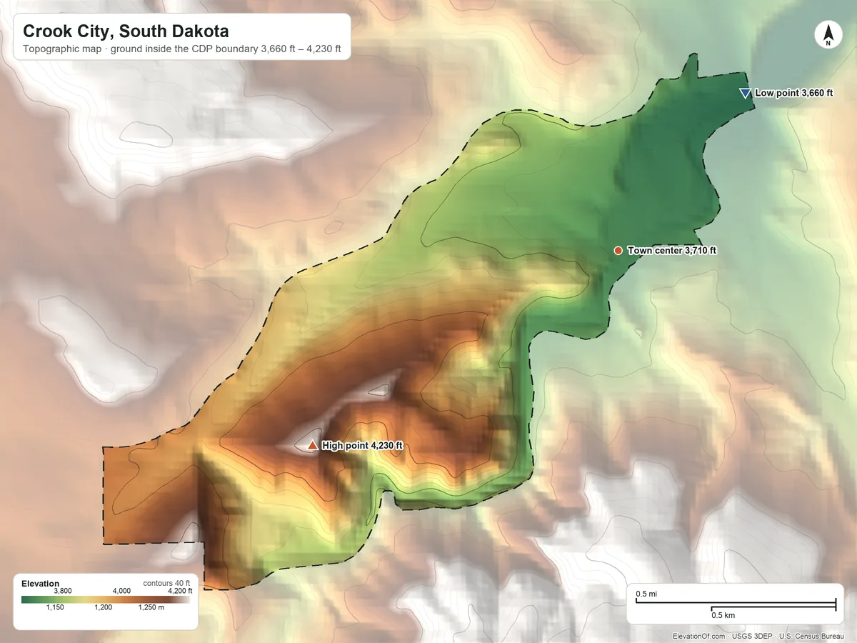 Topographic elevation map of Crook City, South Dakota, shaded from 3,660 ft on the northeast side to 4,230 ft at the foot of the Black Hills