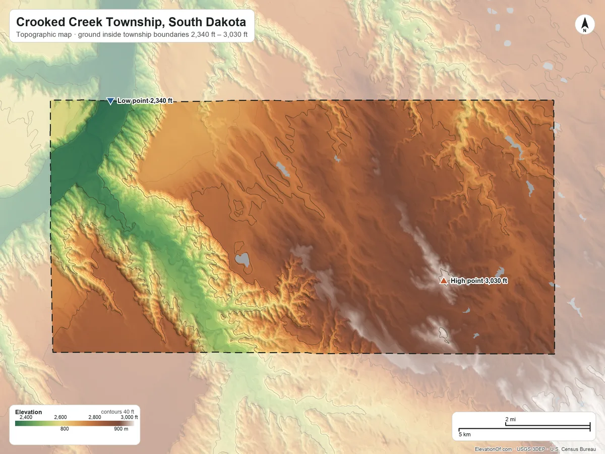 Topographic elevation map of Crooked Creek Township, South Dakota, shaded from 2,340 ft on the west side to 3,030 ft on the southeast side