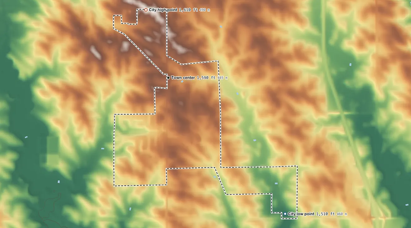 Topographic elevation map of Crooks, South Dakota, shaded from 1,510 ft on the southeast side to 1,610 ft on the north side