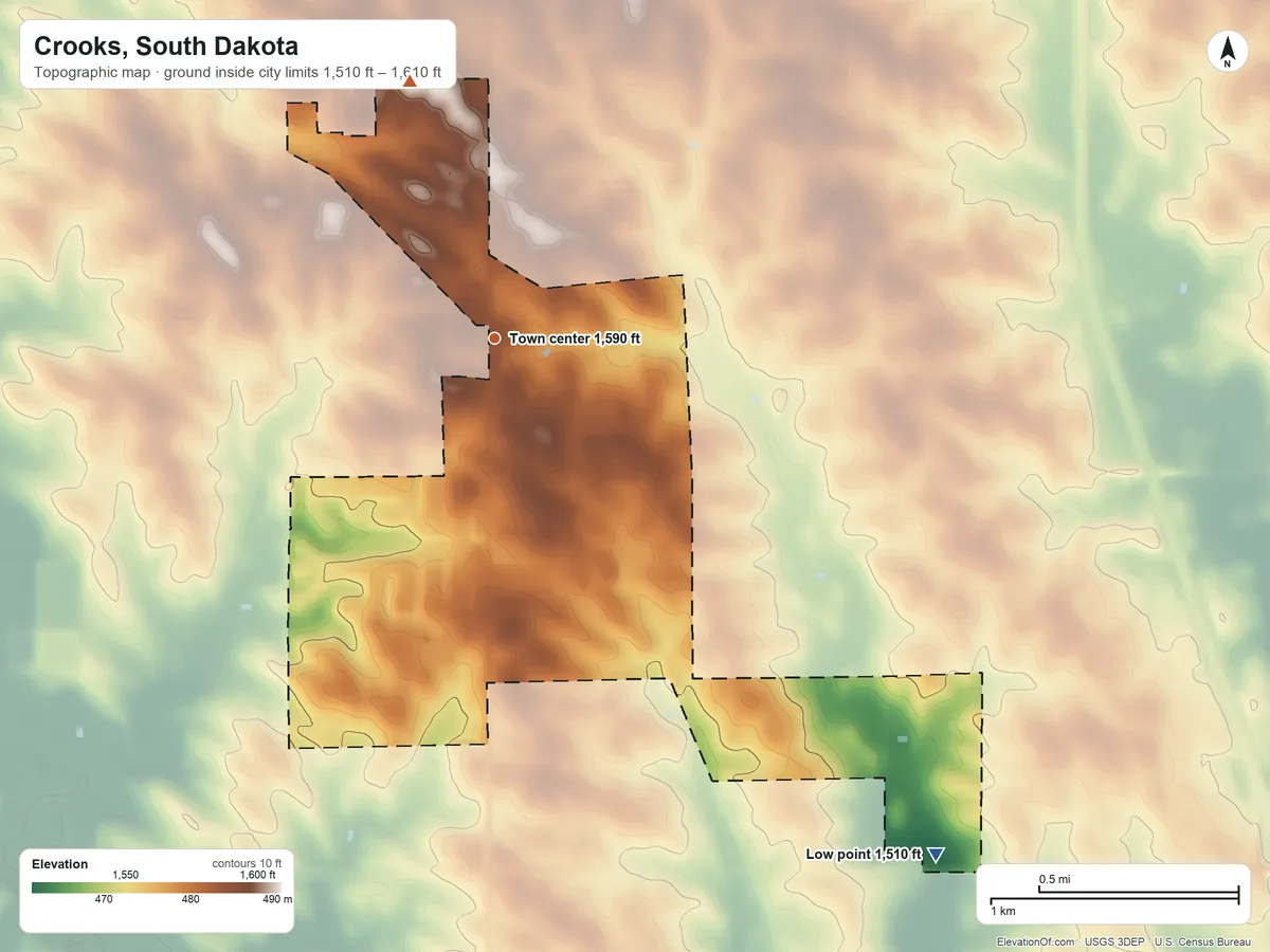 Topographic elevation map of Crooks, South Dakota, shaded from 1,510 ft on the southeast side to 1,610 ft on the north side