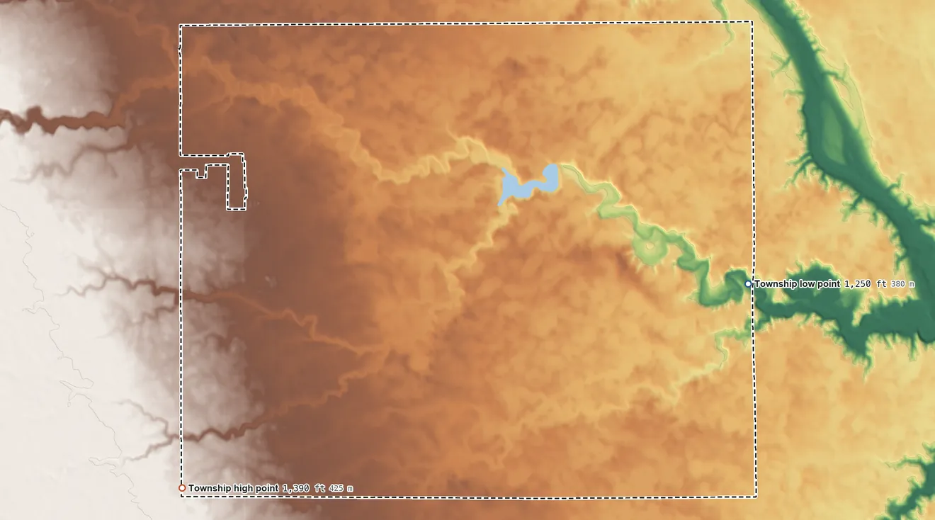 Topographic elevation map of Cross Plains Township, South Dakota, shaded from 1,250 ft on the east side to 1,390 ft on the southwest side