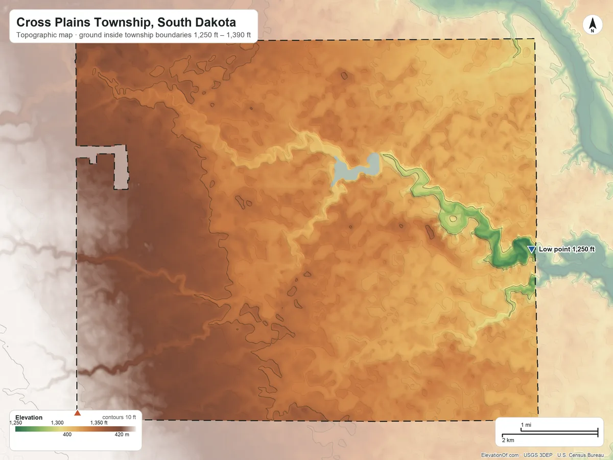 Topographic elevation map of Cross Plains Township, South Dakota, shaded from 1,250 ft on the east side to 1,390 ft on the southwest side