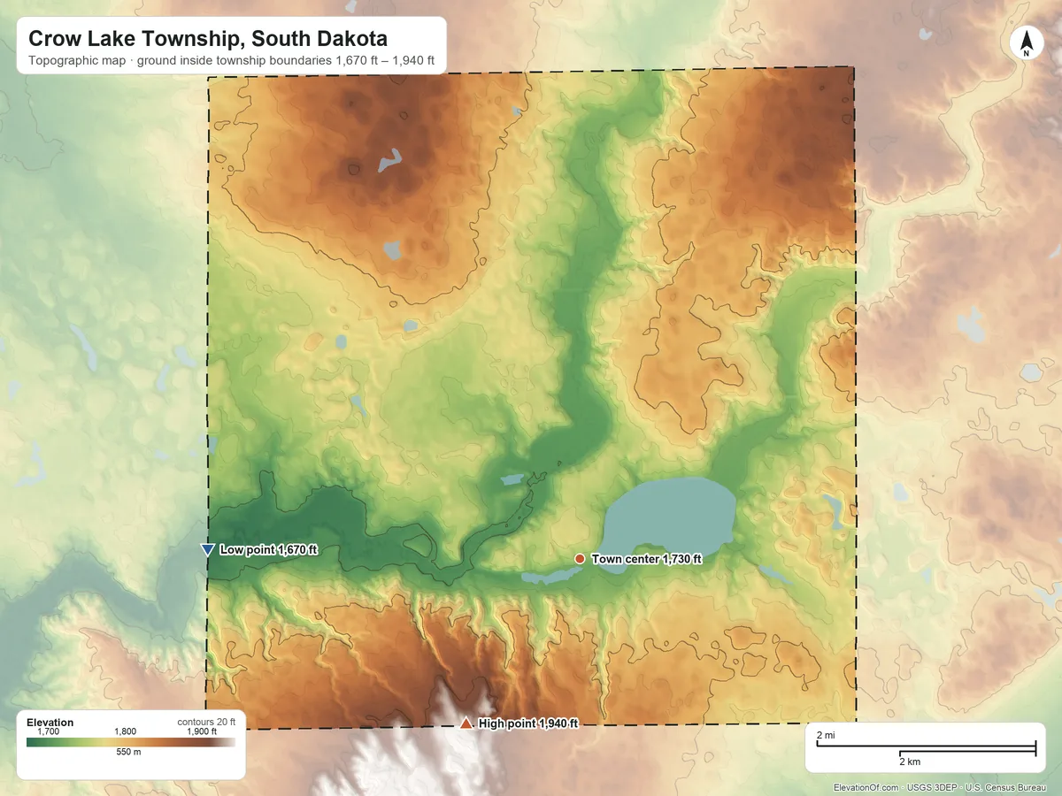 Topographic elevation map of Crow Lake Township, South Dakota, shaded from 1,670 ft on the west side to 1,940 ft on the southwest side