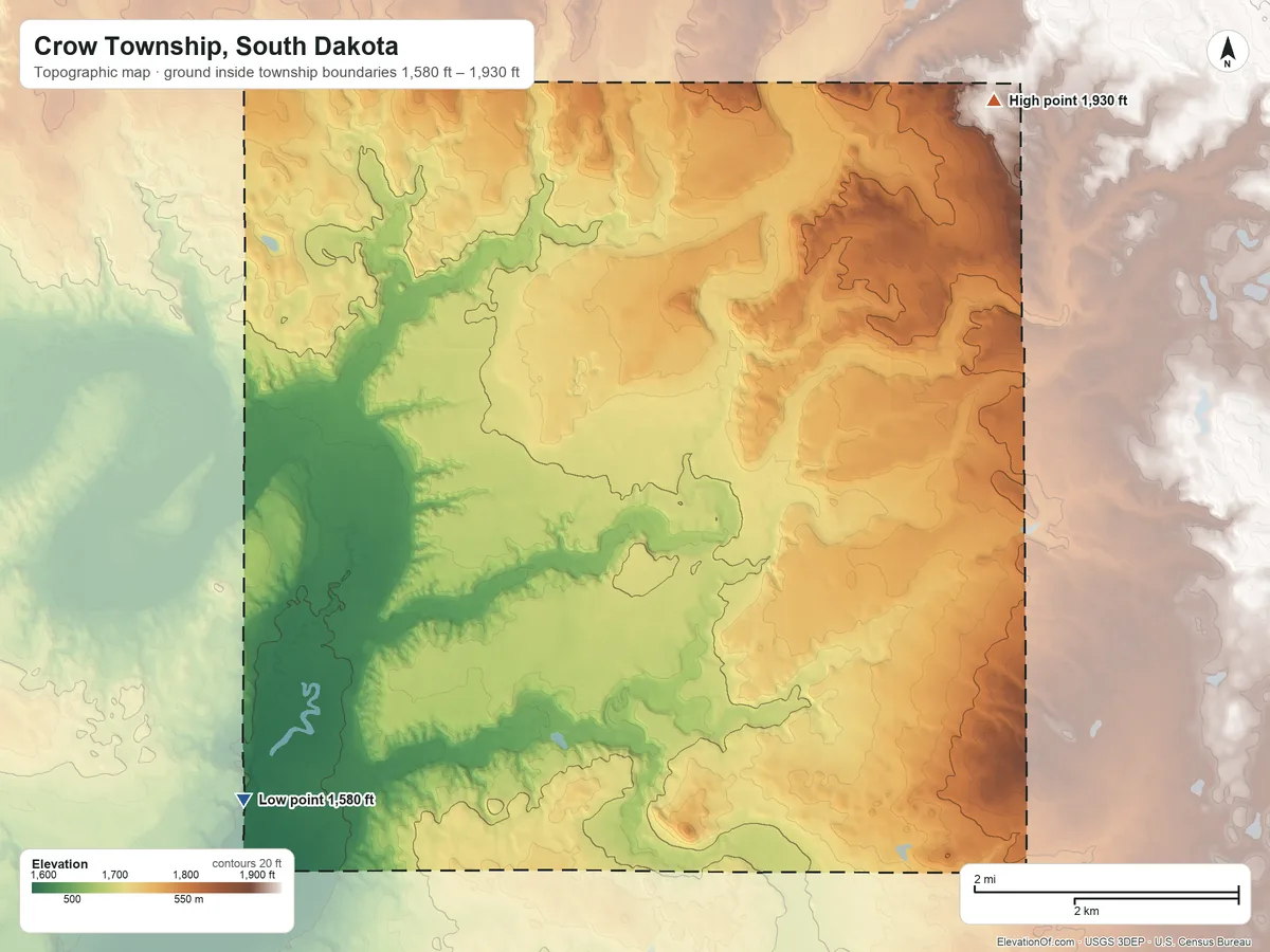 Topographic elevation map of Crow Township, South Dakota, shaded from 1,580 ft on the south side to 1,930 ft on the east side