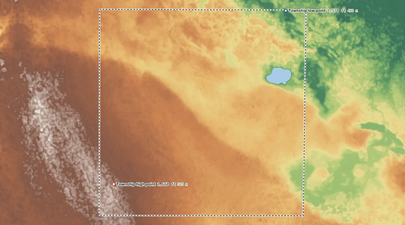 Topographic elevation map of Crystal Lake Township, South Dakota, shaded from 1,570 ft on the northeast side to 1,660 ft on the south side