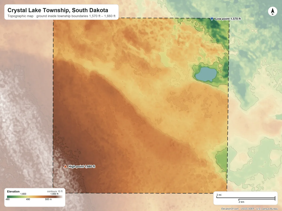 Topographic elevation map of Crystal Lake Township, South Dakota, shaded from 1,570 ft on the northeast side to 1,660 ft on the south side