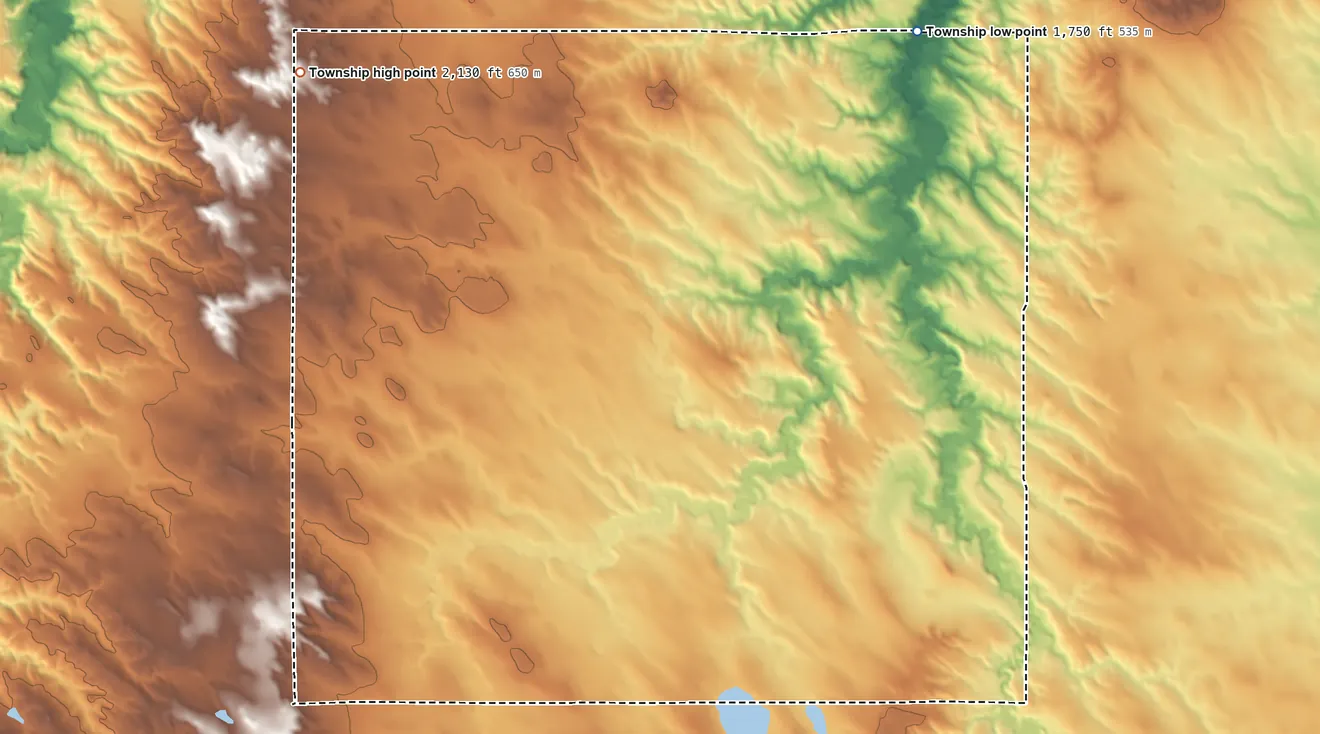 Topographic elevation map of Curlew Township, South Dakota, shaded from 1,750 ft on the northeast side to 2,130 ft on the northwest side