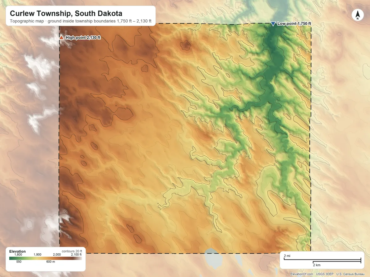 Topographic elevation map of Curlew Township, South Dakota, shaded from 1,750 ft on the northeast side to 2,130 ft on the northwest side