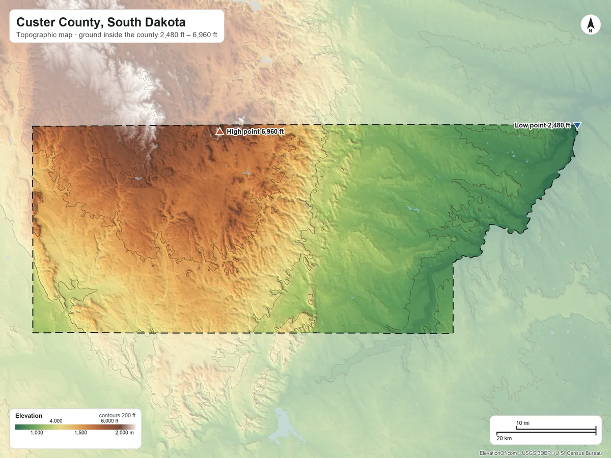 Topographic elevation map of Custer County, South Dakota, shaded from 2,480 ft on the east side to 6,960 ft on the northwest side