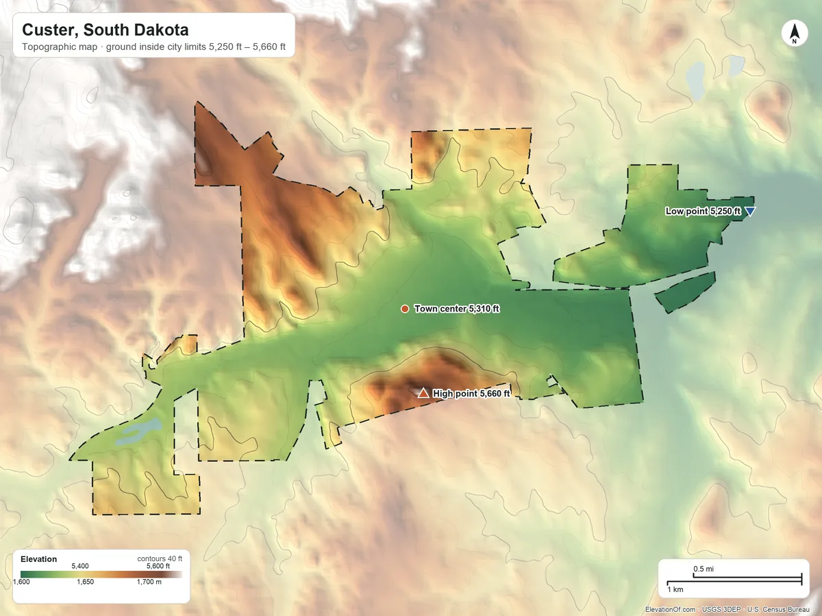 Topographic elevation map of Custer, South Dakota, shaded from 5,250 ft on the east side to 5,660 ft on the south side