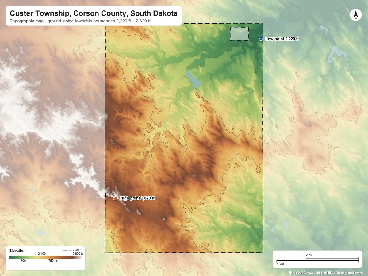 Topographic elevation map of Custer Township, Corson County, South Dakota, shaded from 2,220 ft on the northeast side to 2,620 ft on the southwest side