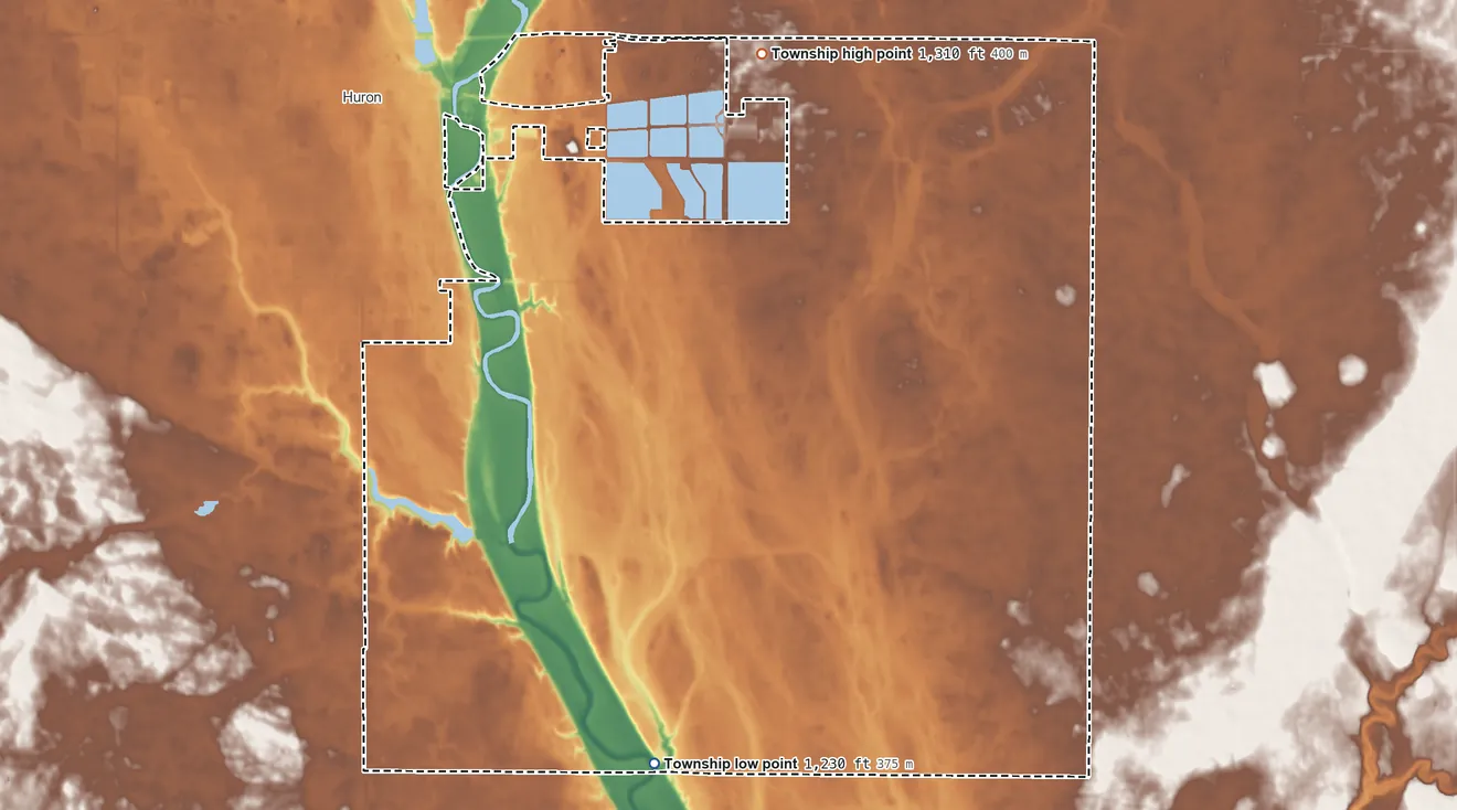 Topographic elevation map of Custer Township, South Dakota, shaded from 1,230 ft on the south side to 1,310 ft on the northeast side