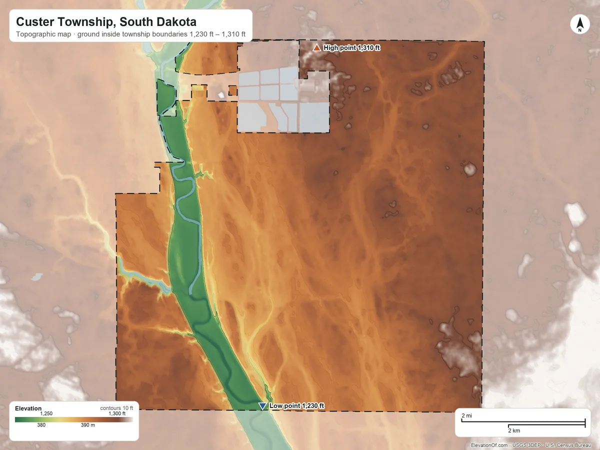 Topographic elevation map of Custer Township, South Dakota, shaded from 1,230 ft on the south side to 1,310 ft on the northeast side