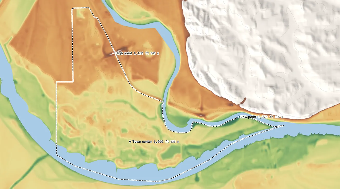 Topographic elevation map of Dakota Dunes, South Dakota, shaded from 1,070 ft on the east side to 1,130 ft on the north side