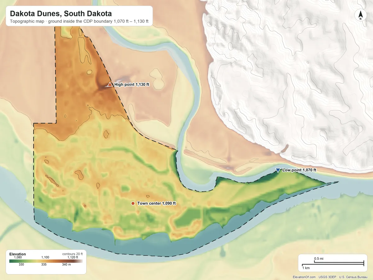 Topographic elevation map of Dakota Dunes, South Dakota, shaded from 1,070 ft on the east side to 1,130 ft on the north side