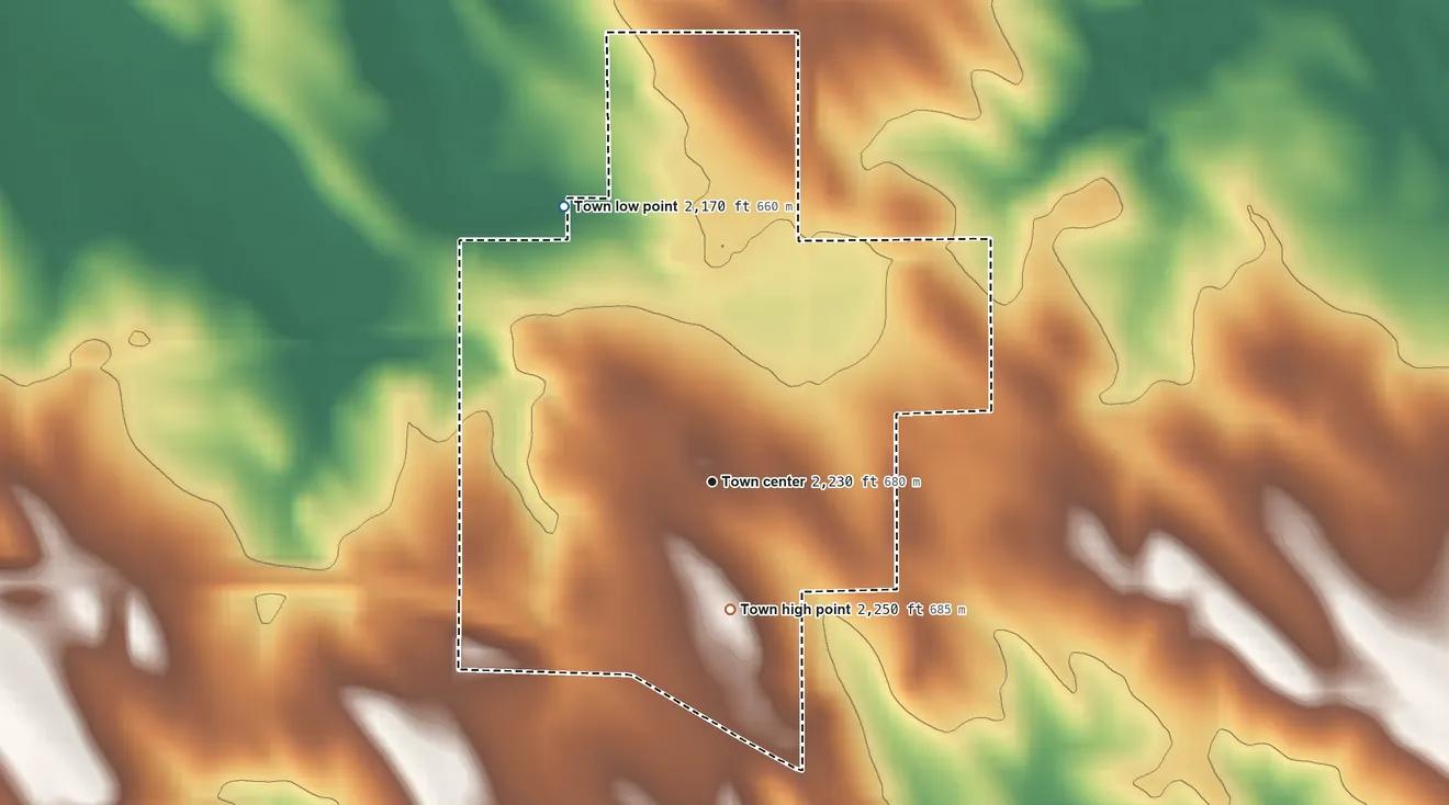 Topographic elevation map of Dallas, South Dakota, shaded from 2,170 ft on the northwest side to 2,250 ft on the south side