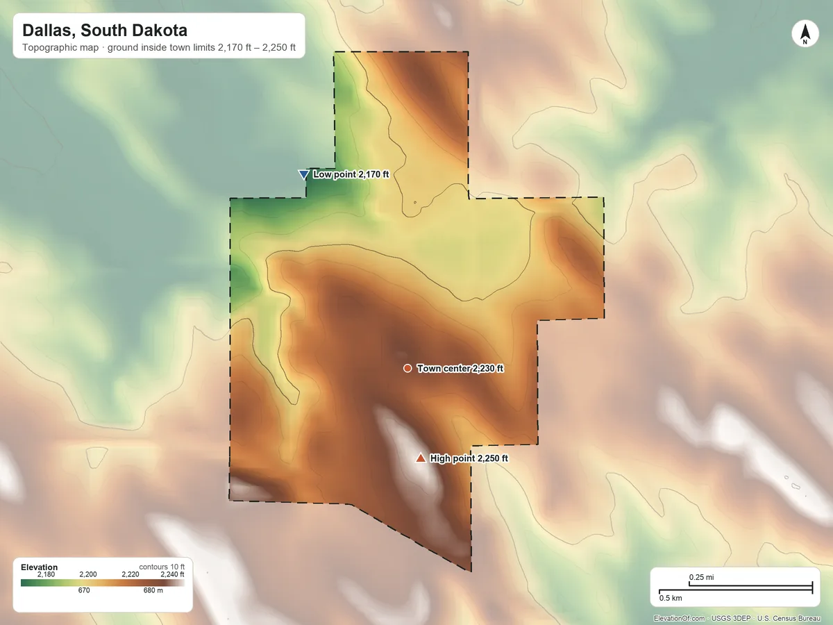 Topographic elevation map of Dallas, South Dakota, shaded from 2,170 ft on the northwest side to 2,250 ft on the south side