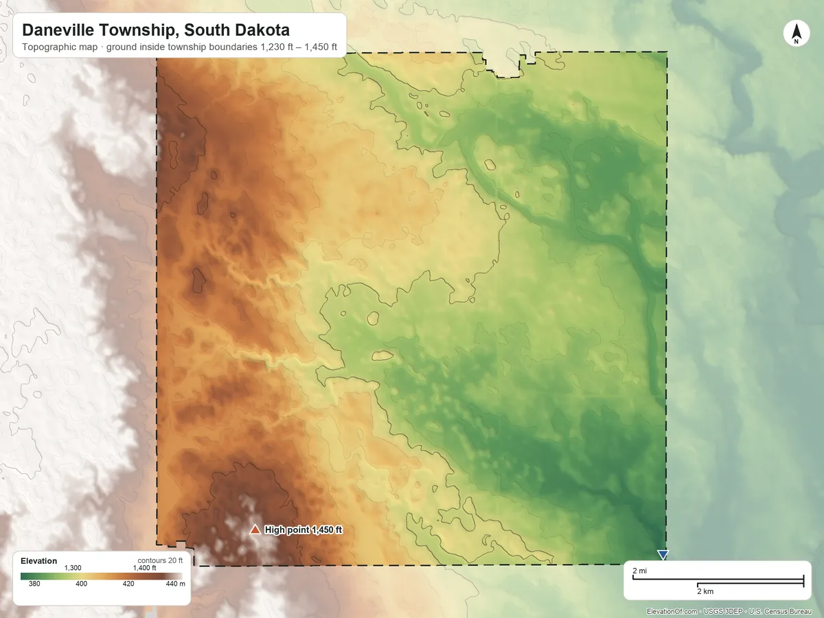 Topographic elevation map of Daneville Township, South Dakota, shaded from 1,230 ft on the southeast side to 1,450 ft on the southwest side